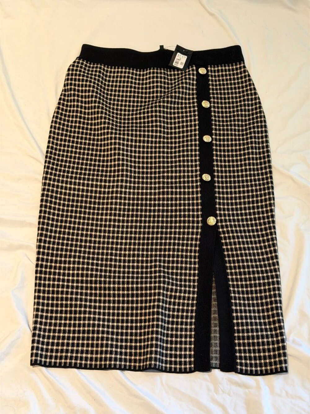 RW&CO. Knit Midi Skirt Black & Cream Check Size Large NWT
